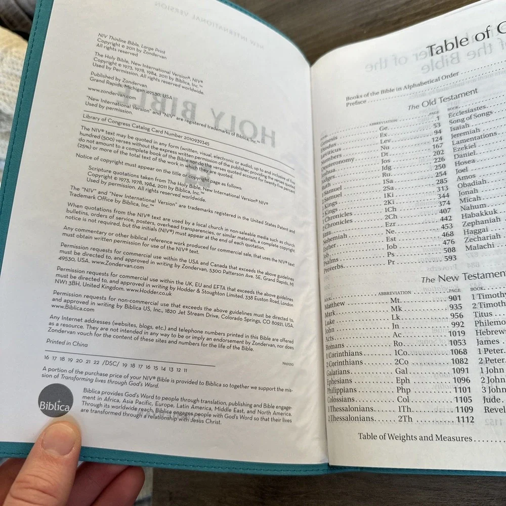 Zondervan Holy Bible Thinline Teal NIV New International Version Large Print